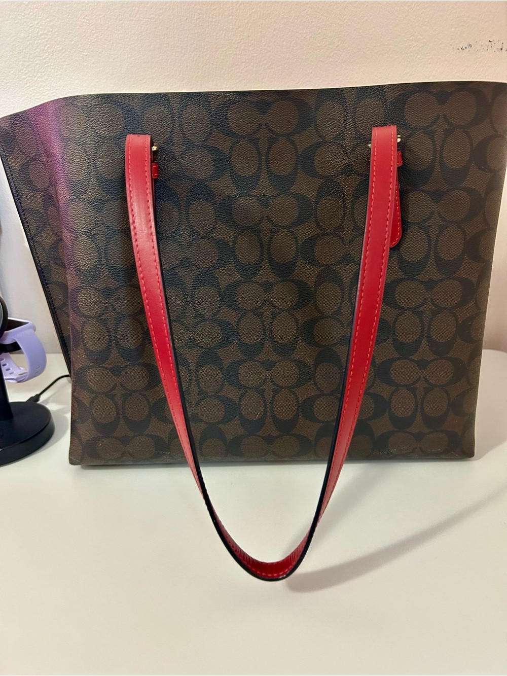 Coach Brown Signature Tote with Red Trim and Pouch - Picture 3 of 4